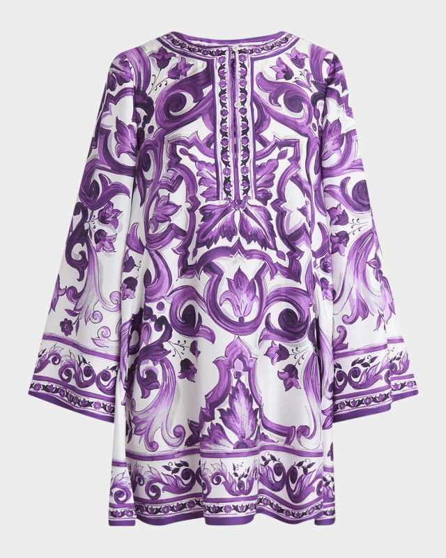 Majolica Silk Twill Long-Sleeve Mini Shift Dress